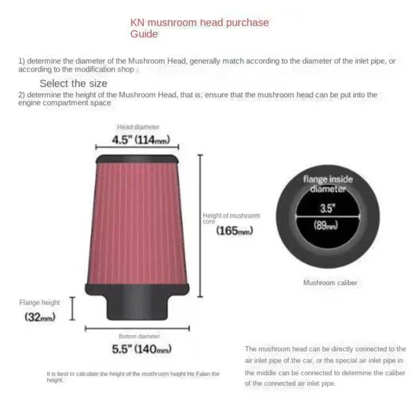 2.5 3 3.5 4 Inch Car Intake Air Filter for K＆N 14084-2 Universal High Flow Cone 102 89 76 70 63.5 60mm KN Tapered Mushroom Head 6