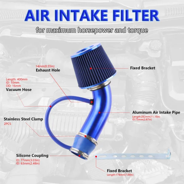 Universal 76mm Car Racing Cold Air Intake System Turbo Induction Pipe Tube Kit Aluminum With Cone Air Filter Inlet 3